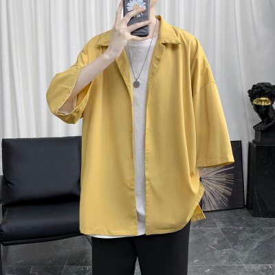 Summer Men Shirt Short Sleeve Solid Color Shirts For Man Vintage Harajuku Casual Oversized Blouses Fashion Men's Clothing