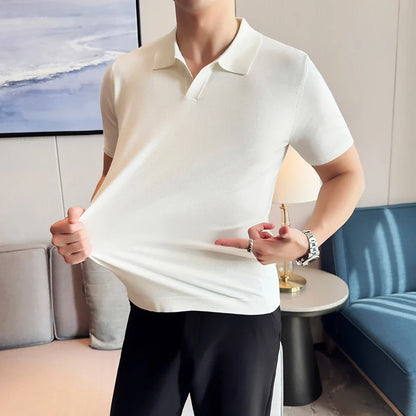 High Elasticity Men Short Sleeved Polo Shirt Summer Ice Silk Light Thin Solid Casual Lapel Knitted T-shirt Men Clothing