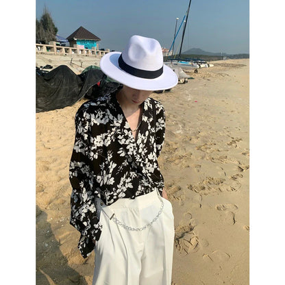 saferido Fashion Korean Spring New Long Sleeve Men Shirt Loose Casual Personality Print Turn-down Collar Pocket Simple Shirts
