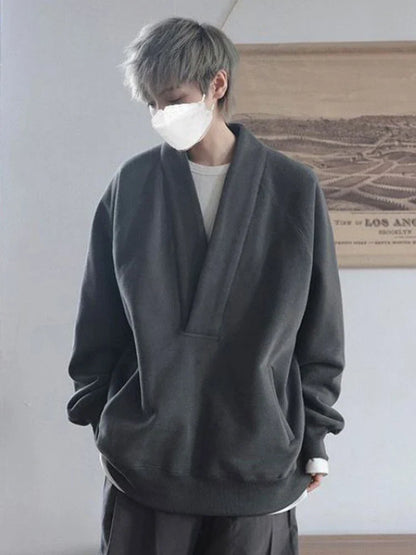 saferido Sweatshirts Men Oversize Pullovers Sweatshirt Male Vintage Casual Japanese Streetwear V-neck Autumn Winter