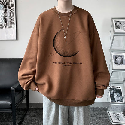 Winter Warm Sweatshirts New Men Simple Stroke Moon Graphic Pullovers Oversized Korean Style Man Letter Print O Neck Tops