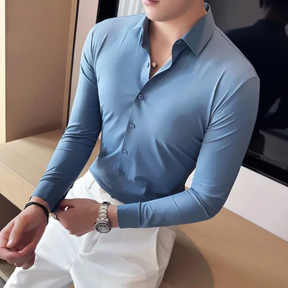saferido  Men Spring High Quality Business Dress Shirts/Male Slim Fit High Elastic Force Long Sleeve Shirts Size S-4XL