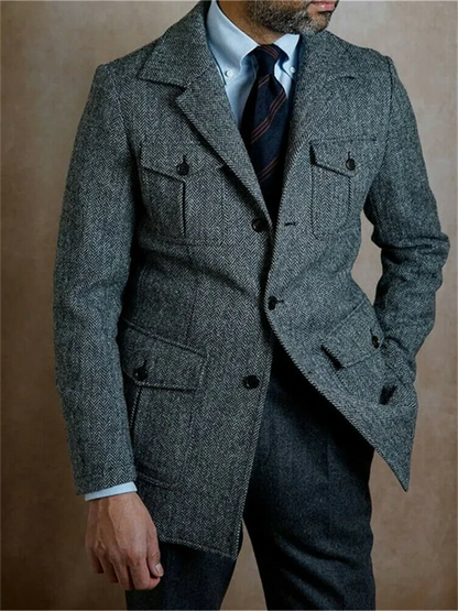 1 Pieces Vintage Business Men Suits Slim Fit Tweed Herringbone Tuxedo Groom Suits For Men Wedding Notch Lapel Jacket Male Blazer