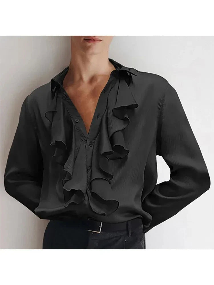 Handsome Well Fitting Men Tops Solid Comfortable Blouse Casual Hot Sale Male Loose Ruffled Long-sleeved Shirt S-5XL INCERUN