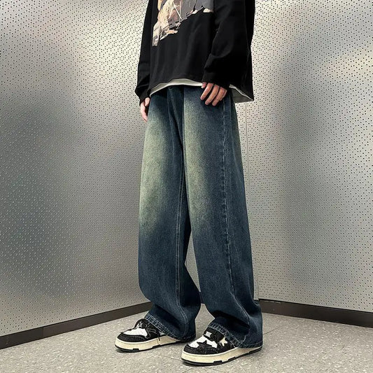 saferido Vintage Men Straight Leg Jeans Korean Student Handsome Casual Pants High Street Loose Wide Leg Jeans Vintage Blue Baggy Jeans