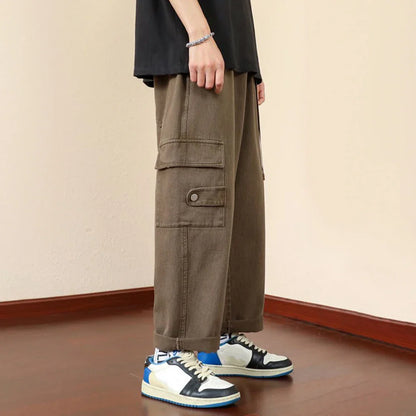 saferido Mens Casual Cargo Pants Hip-Hop Solid Color High Street Retro Loose Japanese Straight Pants Spring and Autumn New Style