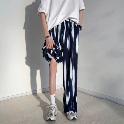 saferido Black Tie-dye Wide-leg Pants Men's Summer Loose Straight Ice Silk Drape Casual Pants Korean Style Pleated Pants Men Y2k