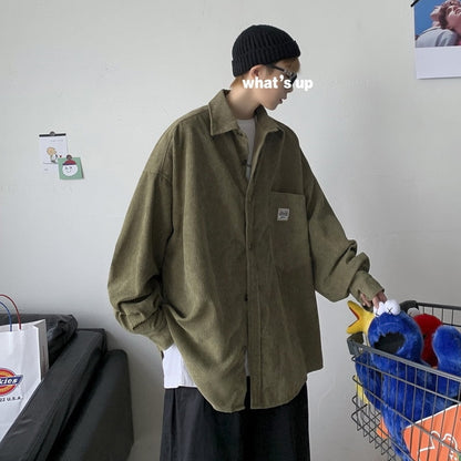 Japanese style wear Corduroy shirt men's long sleeved summer thin style wear ruffian handsome coat in spring and autumn