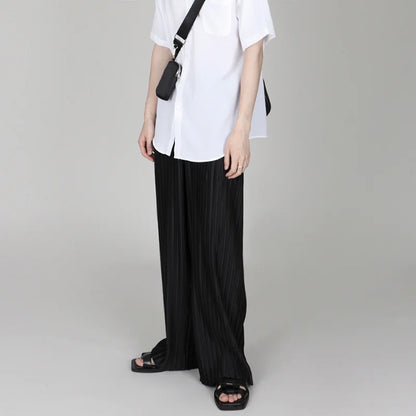 Men Clothing Spring Autumn Ice Silk Pleated Wide Leg Pants Elastic Waist Causal Loose Straight Trousers For Male