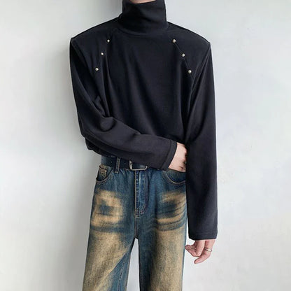 saferido Rivet High Collar White Y2k Long-Sleeved T-Shirt Mens Spring And Autumn Street Fashion Casual Inner Bottoming Shirt Pullover Top