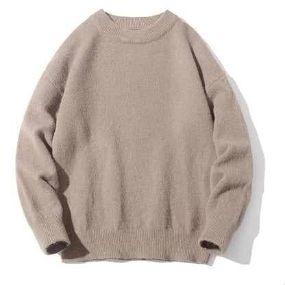 saferido Mens Autumn Japanese Lazy Style Sweater 2024 New Essential Round Neck Loose Casual Simple Solid Color Long-Sleeve Sweater For Men