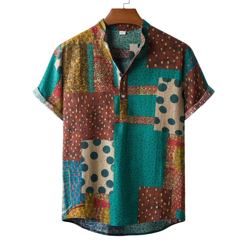 Summer New Short Sleeve Floral Hawaiian Shirt Men Half Placket Collar Beach Shirt Men Casual Holiday Vacation Clothing 3XL