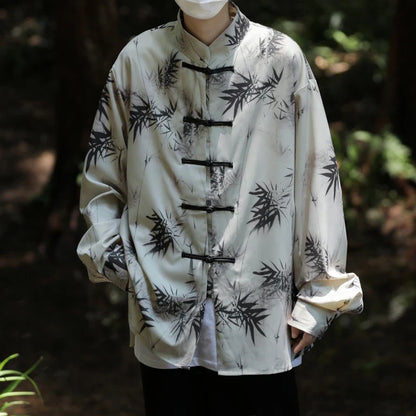 saferido Men's Tie-dye Long Sleeve Shirt Spring New Chinese Style Dial Buckle Stand Collar Loose Casual Han Tang Traditional Clothing