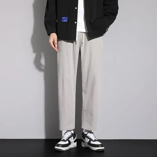saferido Summer New Korean Trendy Loose Versatile Casual Straight Pants Men Solid Elastic Waist Drawstring Pocket Thin Wide Leg Trousers