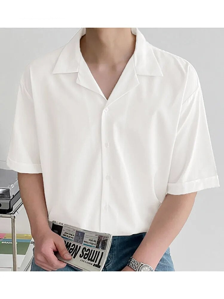 Men Casual Shirt Lapel Short Sleeve Button Streetwear Summer Men Clothing Solid Color Korean Fashion Shirts S-5XL