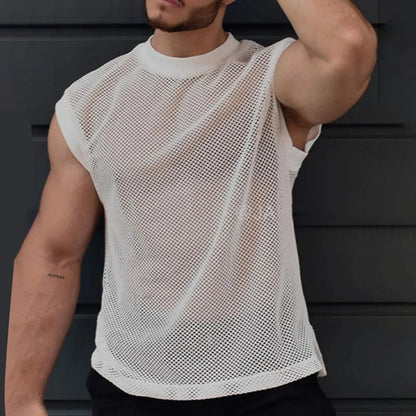 Summer New Mens Fashion Transparent Mesh Vest Sexy Perspective Solid Color Mesh Sports Casual Sleeveless Top Men Clothing