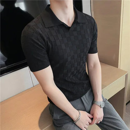 saferido  British Style Men's Casual Summer Knitting POLO Shirts/Male Slim Fit High Quality Plaid Casual Short Sleeve Polo Shirts 4XL