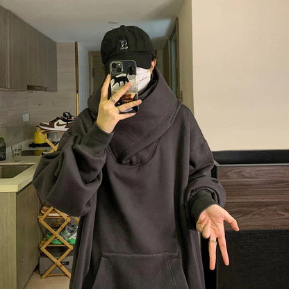 saferido Harajuku High Collar Loose Hoodie Spring Hip Hop Sweatshirt Hooded Baggy Fashion Streetwear Black/Gray Long Sleeve Men Hoodies