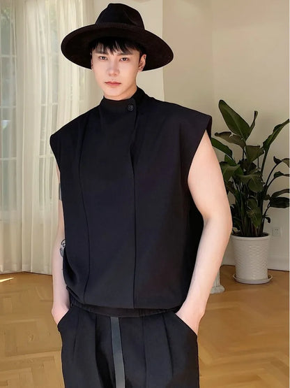 Men Clothing Spring Summer Stand Collar Design Sleeveless Short Vests Pullover Vest Shirt Fashion Tops For Male
