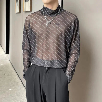 saferido American Letter Mesh T-Shirt For Men Autumn New Style Casual Simple Comfortable Breathable High Collar Inner Trendy Top