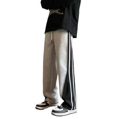 saferido Japanese Retro Casual Pants Men's Fitting Straight Leg Pants College Style Wide Striped Patchwork Drawstring Sweatpants Autumn