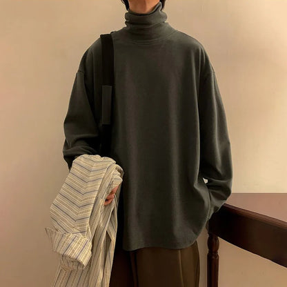 saferido Mens Pullover Japanese Stylish Solid Harajuku Long Sleeve Top Fashion Turtleneck Cozy Baggy Fit Casual Daily Top Men's Clothing