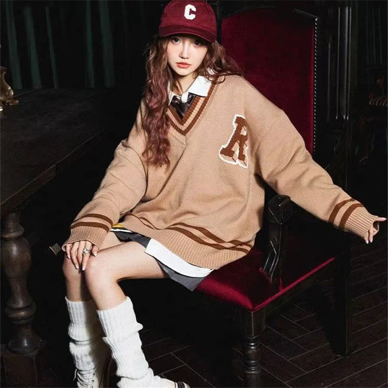 saferido Unisex Spring Autumn Oversize Pullover Sweater For Women Men Students College Japan Korea School DK JK Uniform Sweater Black
