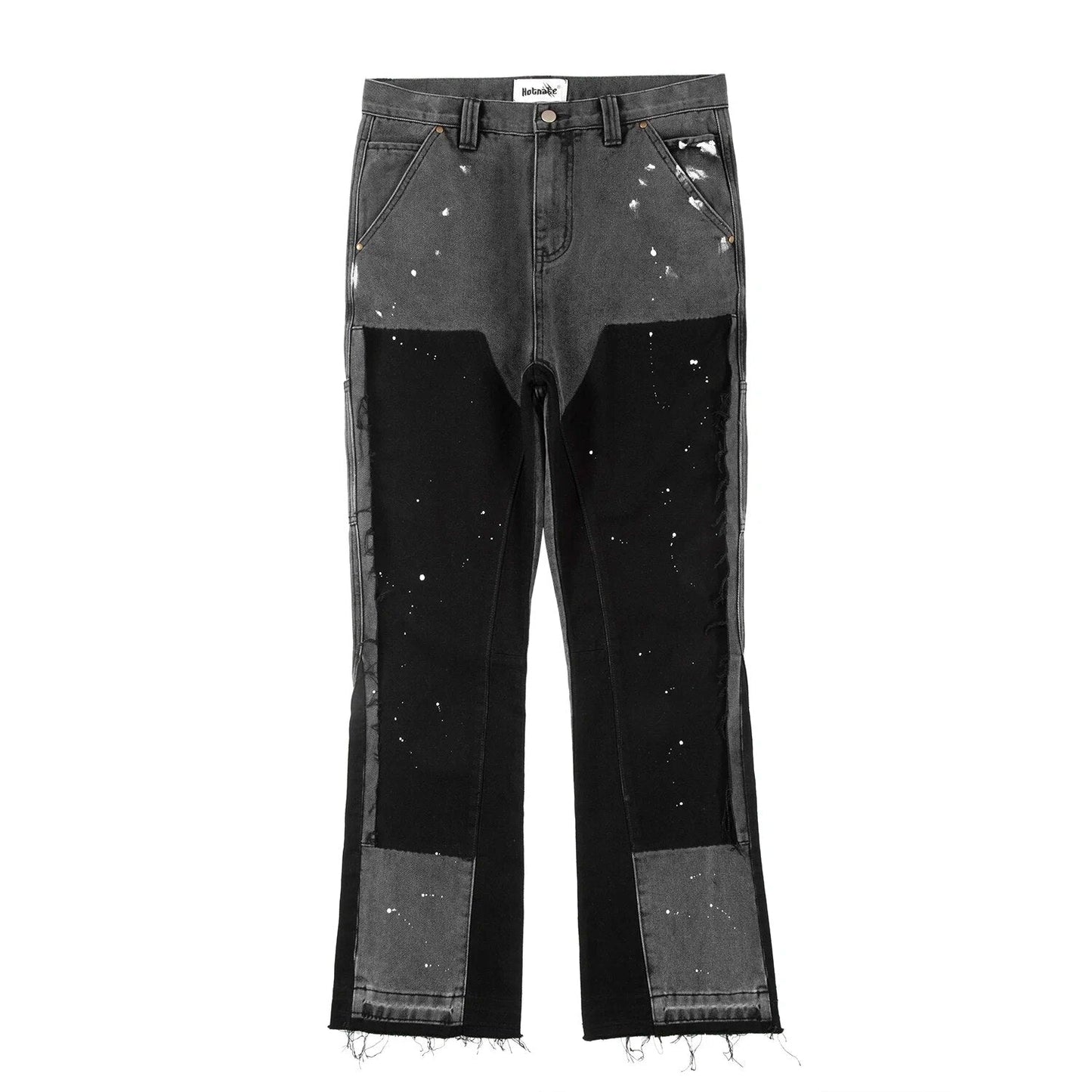 Vintage Patchwork Mens Flared Jeans Y2k Streetwear Pant  Wide Leg Hip Hop Black Colorblock Slim Fit Graffiti Denim Jeans
