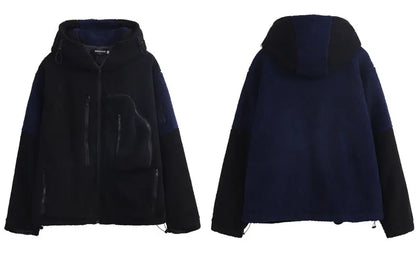 Hip Hop Fleece Fluffy Hooded Jacket Streetwear Harajuku Fuzzy Plush Patchwork Zipper Thick Warm Coats Fashion Loose Jacket