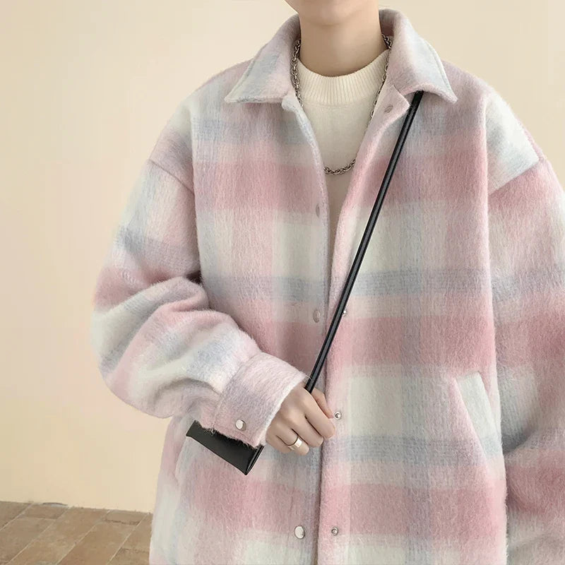 saferido Winter Thickened Woolen Coat Men Warm Fashion Thick Plaid Woolen Jacket Mens Streetwear Korean Loose Short Woolen Coat Men M-3XL