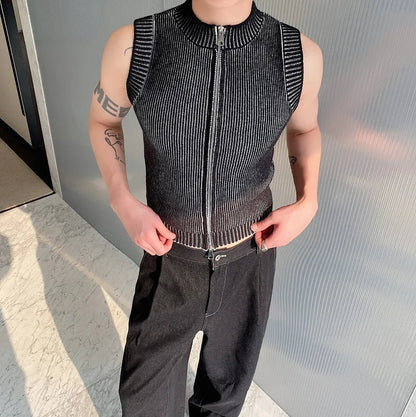 saferido Knitted Vest Men's Stand Collar Handsome Sweater Vest Korean Streetwear Male Clothing 2024 Spring Summer Fashion New