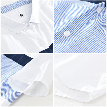 Pure Linen Short Sleeve Shirt for Men Summer New Japan Fashion Tops Male Breathable Vintage Striped Patchwork Button Up Shirt
