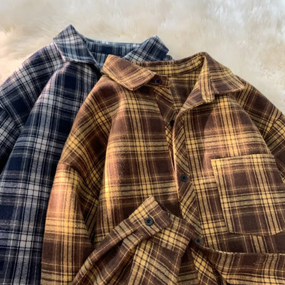 saferido Retro Plaid Long Sleeve Shirt Men Spring Fall Loose Shirt Turn-down Collar Blouse Hip Hop Streetwear Male Shirts