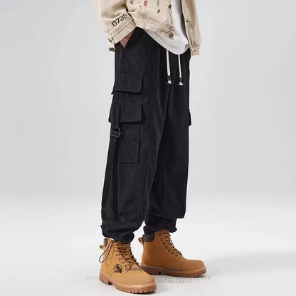 saferido Corduroy Cargo Pants Men Oversize Wide Leg Cargo Trousers Male Streetwear Hip Hop Harajuku Green Loose Japanese Vintage