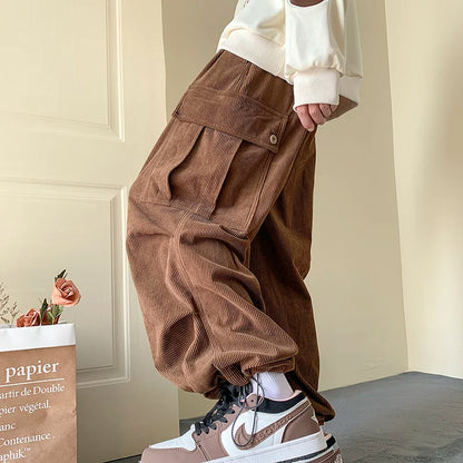 saferido Winter Thickened Corduroy Pants Men Oversize Pocket Cargo Pants Men Streetwear Hip Hop Loose Straight Pants Mens Thick Trousers