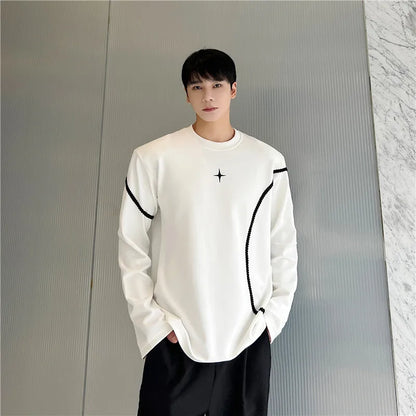 saferido harajuku Spring Autumn Men Clothing Long Sleeve Embroidery Shoulder Pad T-shirt Round Collar Casual T Shirts Tops For Male