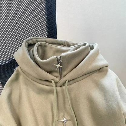 saferido American Style Retro Design Sense Four Pointed Star High Collar Hooded Sweater for Men and Women Trend Winter Thick Top Coat
