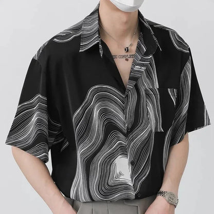 New Summer Design Irregular Silky Drape No-iron Lapel Shirt for Men Korean Fashion Texture Pattern Short Sleeve Men Shirts