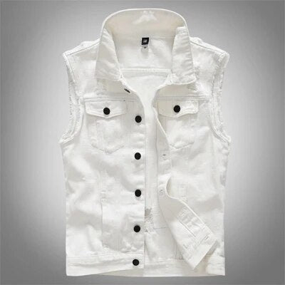 New Vintage Design Mens Denim Vests Retor Sleeveless Jackets Men Ripped Hole Jean Waistcoats Clothing jaqueta masculina