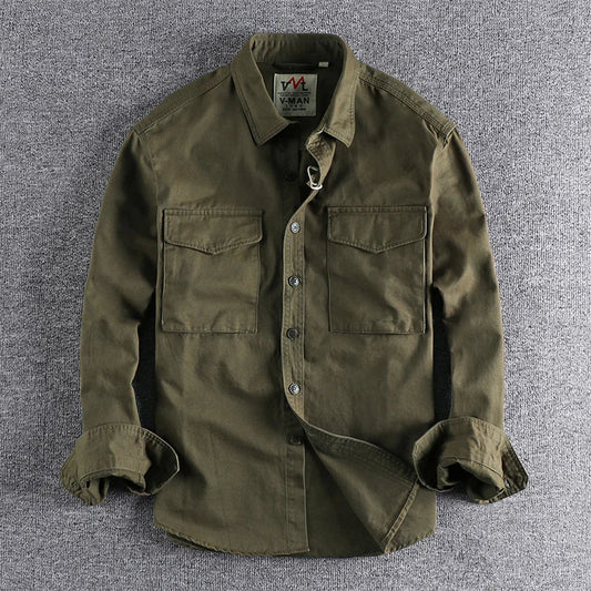 Autumn new khaki retro wash solid color work shirt men's three-dimensional pocket trend loose jacket
