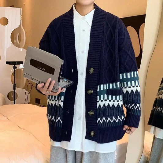 saferido Autumn Knitted Sweater Men Causal Sweaters Coats Vintage Single Breasted Cardigans Mens Korean Oversized Loose Sweater Pullovers