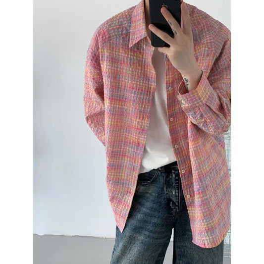 saferido Autumn Long Sleeved Shirt Men Fashion Color Plaid Shirt Men Streetwear Korean Loose Casual Shirt Mens Oversized Vintage Shirts