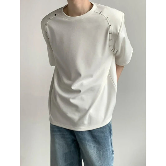 Korean Style Heavy Shoulder Pad Short Sleeve T Shirt Men Metal Niche Design Loose Casual Harajuku Solid Color Bottoming Shirt
