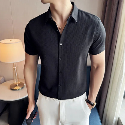 Men Waffle Shirt Short Sleeved Summer New British Style Business Non Ironing Solid Color Casual Slim Fit Shirt Men Clothing
