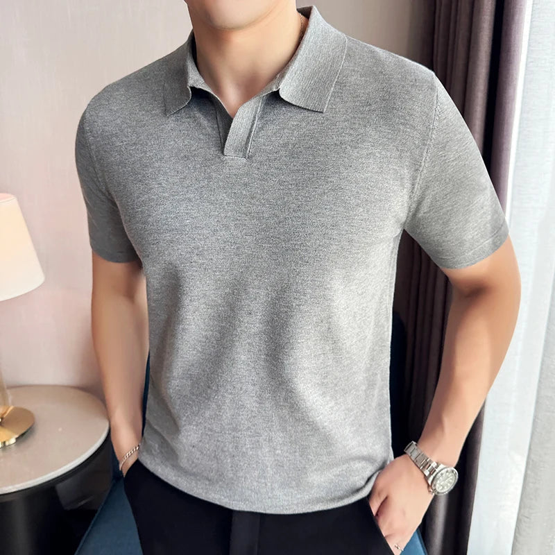 High Elasticity Men Short Sleeved Polo Shirt Summer Ice Silk Light Thin Solid Casual Lapel Knitted T-shirt Men Clothing