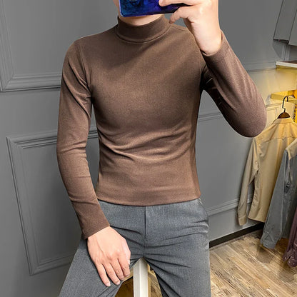 saferido Casual Men High Quality Spring and Autumn Solid Color Half A Turtleneck Long Sleeve Slim Base Shirt Men's Double-Faced Pile