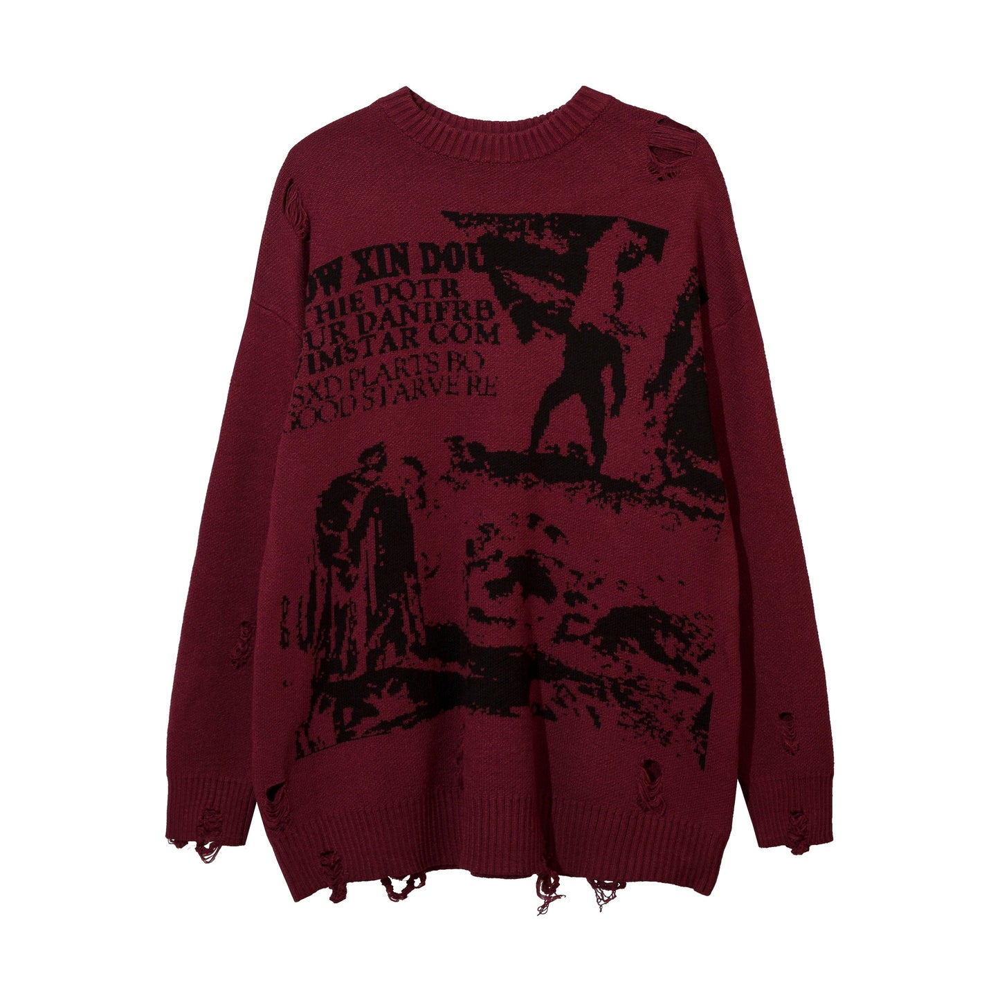 Harajuku Printed Knitwears Women Streetwear Hip Hop Destroyed Hole Ripped Pullovers Jumper Oversized Men
