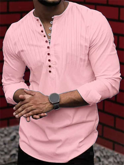 NEW Men's Solid Color Linen Long Sleeve Shirt Button Shirts Trend  vintage Stand Collar Casual Cotton Tops US-Size