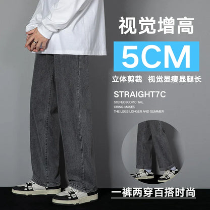 saferido New Korean Men's Casual Long Jeans Classic Man Straight Denim Wide-leg Pants Solid Color Light Blue Grey Black 3XL