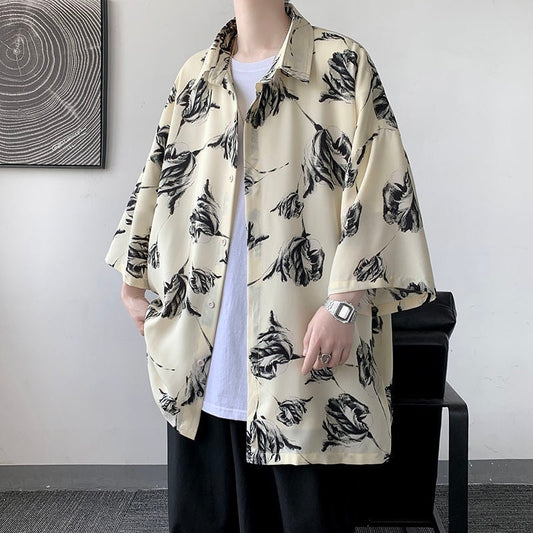 HybSkr Men's Black Rose Short Sleeve Shirts Summer Casual Harajuku Blouses For Male Turn-down Collar All-match Man Tops Shirts